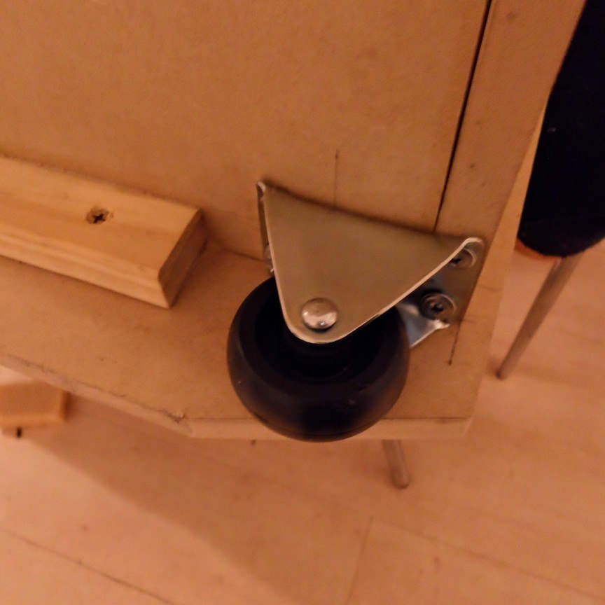 A wheel installed on the bottom back of the cabinet