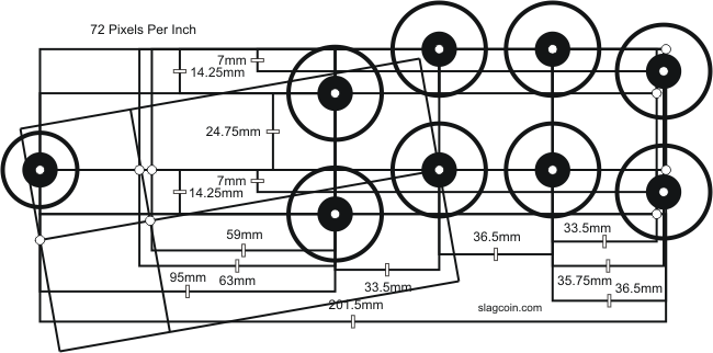 A diagram of 8 rounded buttons and one joystick