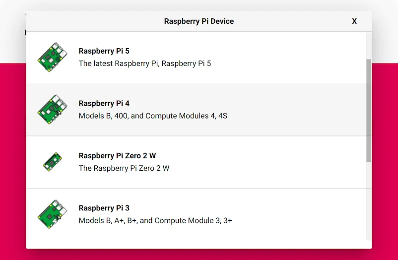 Selecting the Raspberry Pi model in the Imager software
