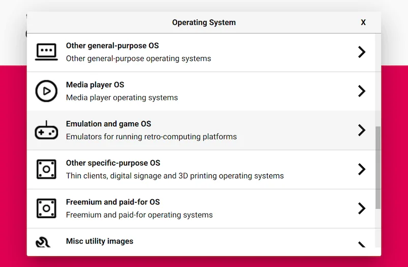 Selecting RetroPie in the operating system menu