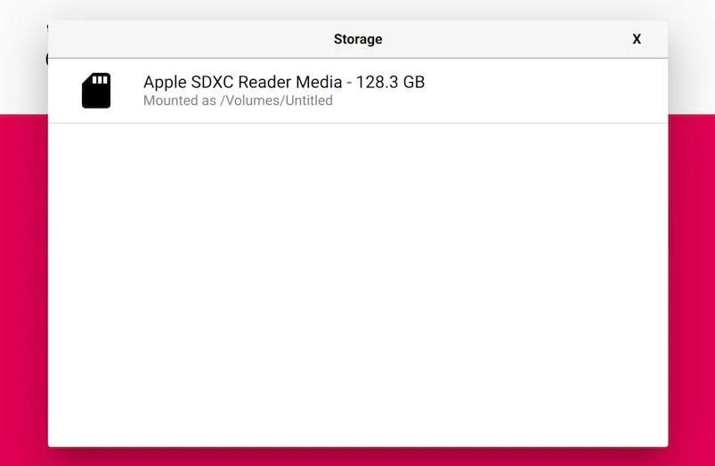 Selecting the SD card storage in the Imager software