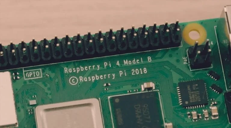 Close-up identifying the Raspberry Pi 4 Model B board