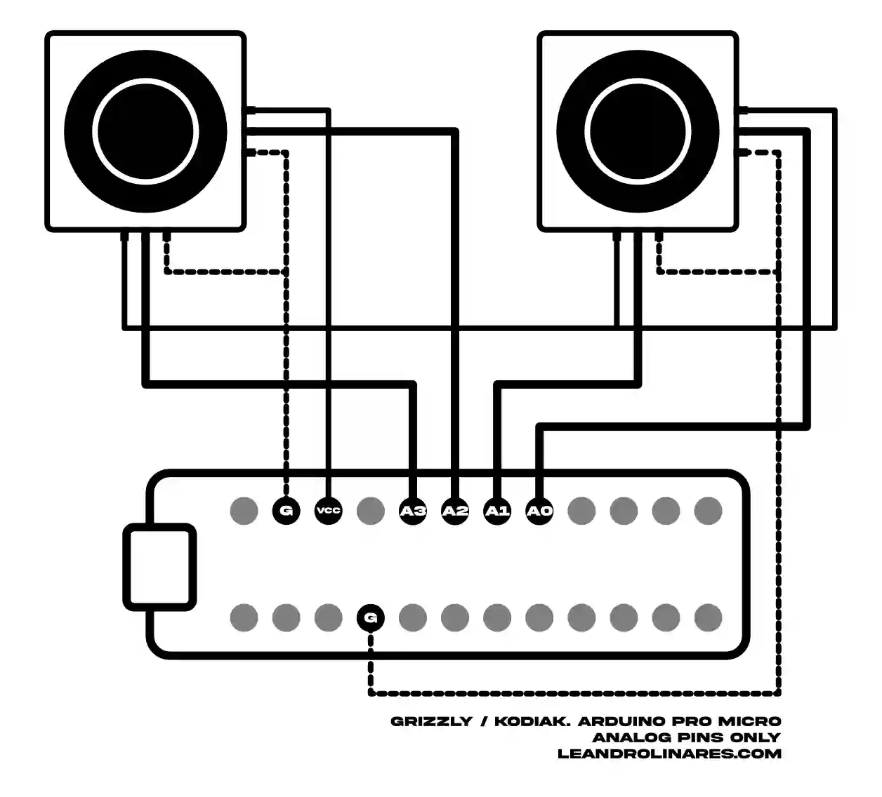 Wiring diagram showing thumbsticks connected to analog pins on an Arduino