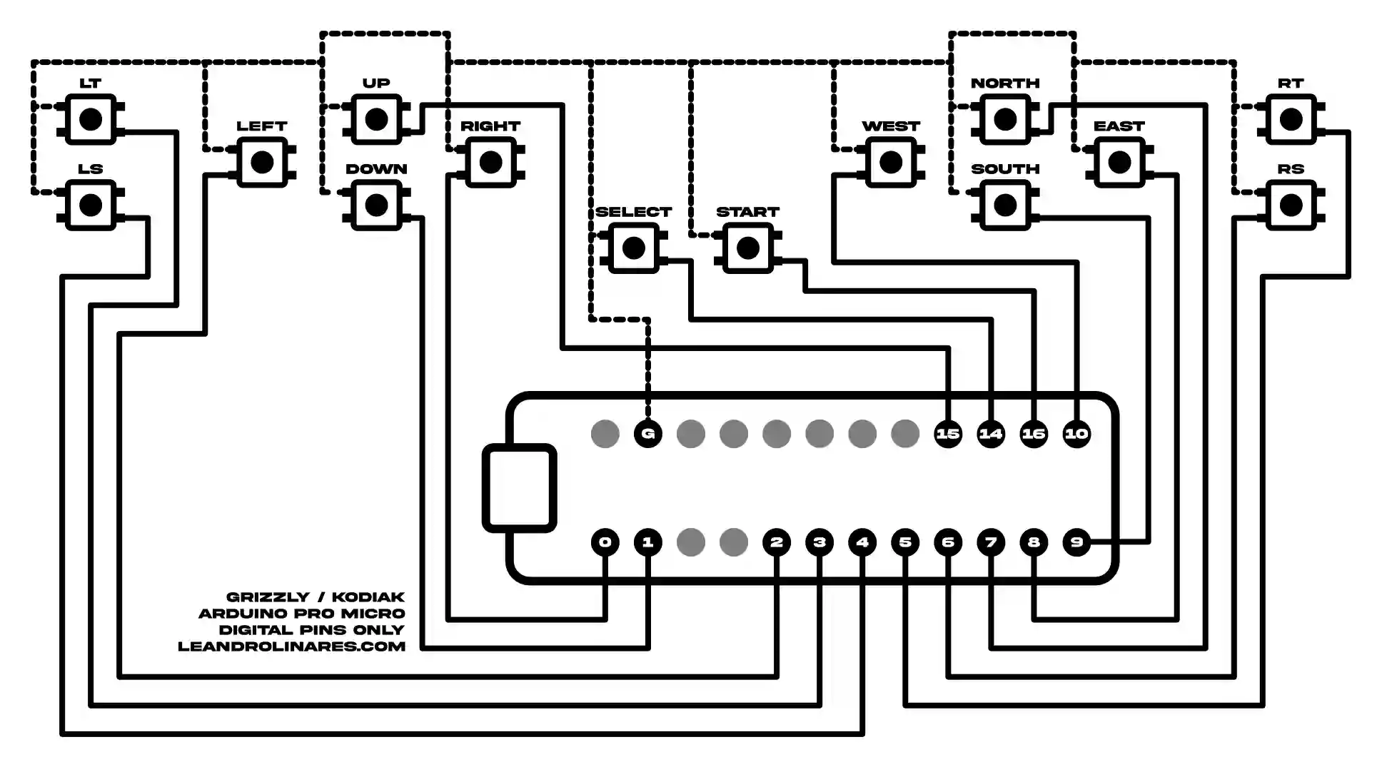 Wiring diagram showing 14 switch buttons connected to digital pins on an Arduino