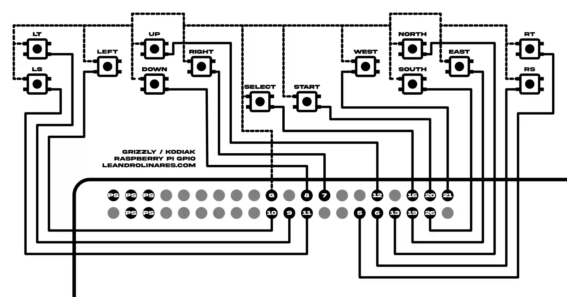 Wiring diagram showing switch buttons connected directly to Raspberry Pi GPIO pins
